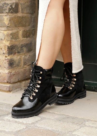 Linzi Lincoln Black Faux Patent & Suede Military Style Boot