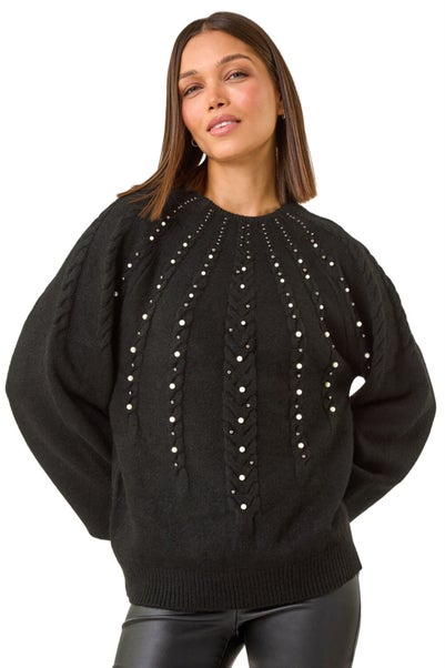 Roman Black Graduated Faux Pearl Cable Knit Jumper