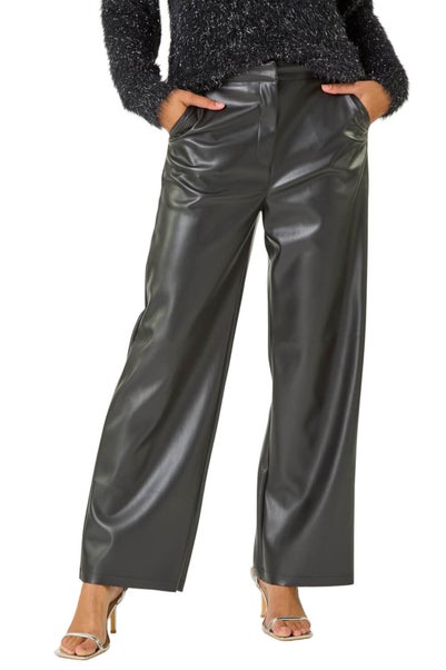 Roman Black Faux Leather Wide Leg Trouser