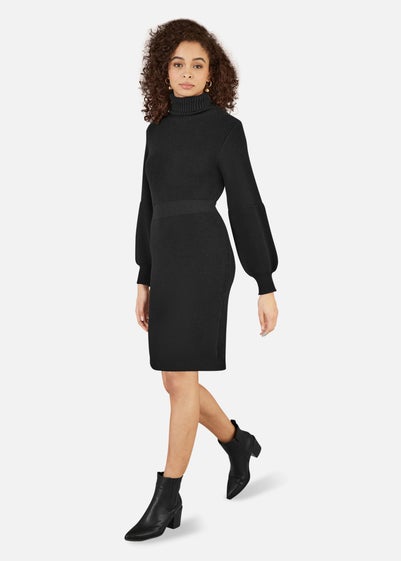 Yumi Black Roll Neck Knitted Dress With Fitted Waist