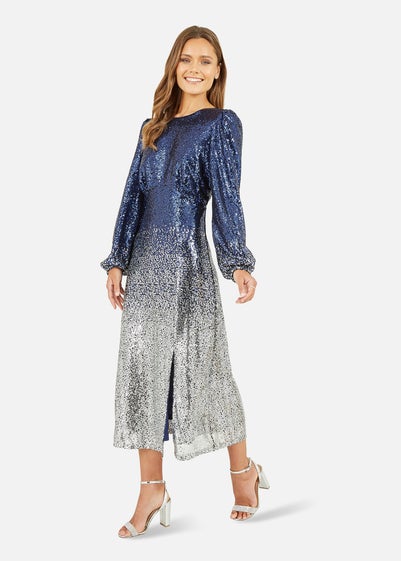 Yumi Navy Sequin Ombre Long Sleeve Midi Dress