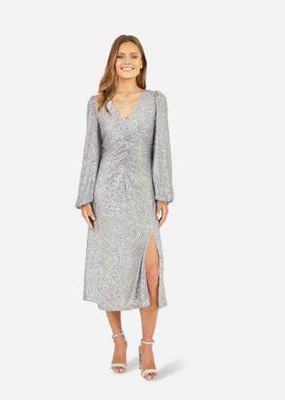 Yumi Silver Sequin Ruched Front Long Sleeve Midi Dress