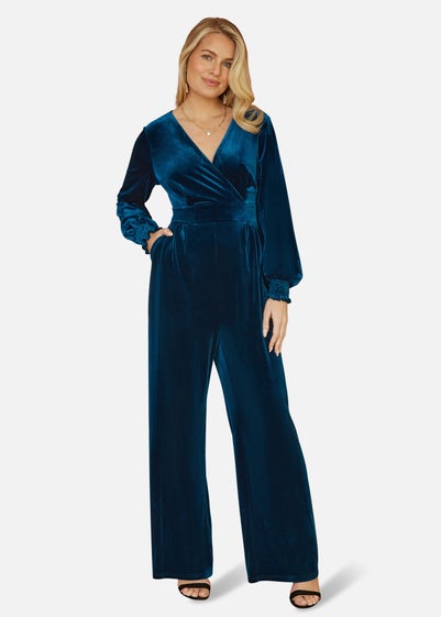 Yumi Teal Velvet Long sleeve Jumpsuit