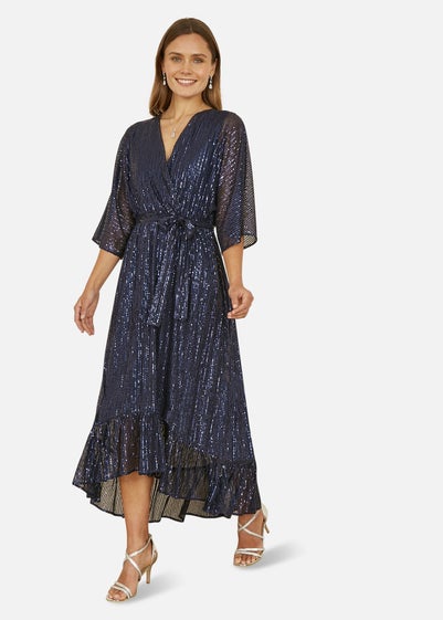 Yumi Navy Sequin Kimono Midi Wrap Dress