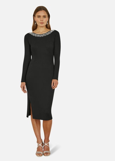 Yumi Black Pearl Neckline Fitted Midi Knitted Dress