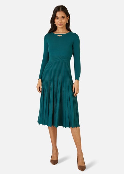 Yumi Teal Knitted Pleated Skater Dress With Notch Neckline