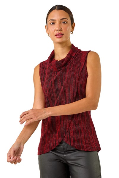 Roman Red Shimmer Line Cowl Neck Tunic Top