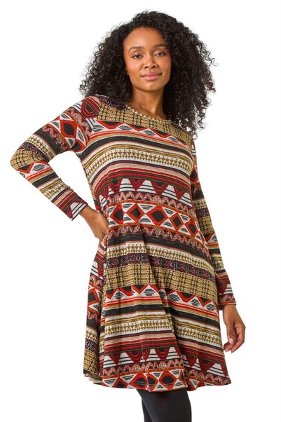 Roman Orange Petite Aztec Print Swing Stretch Dress