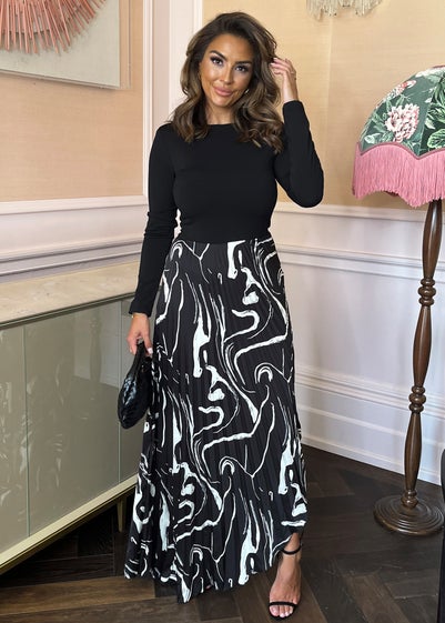 AX Paris Black Abstract Stripe Print 2 in 1 Long Sleeve Pleated Skirt Midi Dress