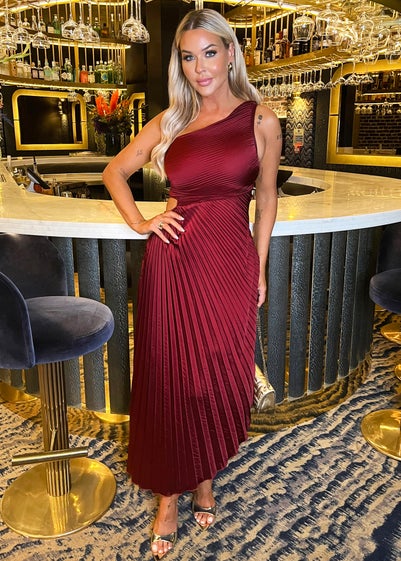 AX Paris Burgundy One Shoulder Pleated Satin Midi Dress