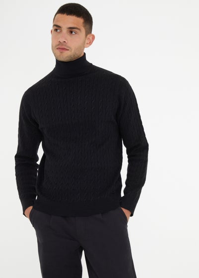 Threadbare Black Cable Knit Roll Neck Jumper