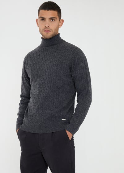 Threadbare Charcoal Cable Knit Roll Neck Jumper