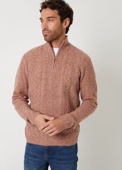 Threadbare Brown Cable Knit Detail Quarter Zip Jumper