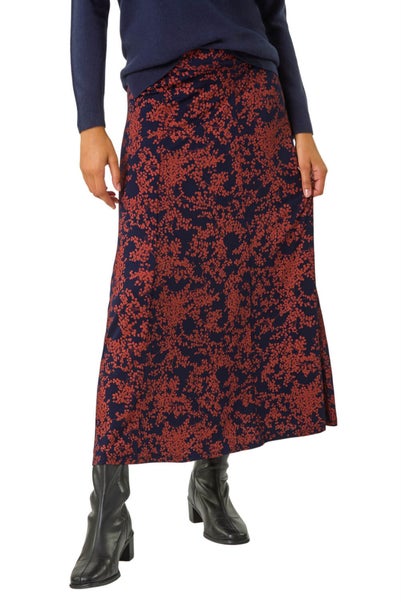 Roman Navy Foliage Floral Print Stretch Midi Skirt