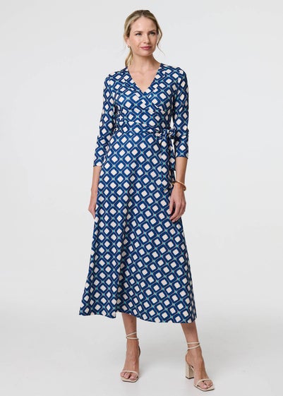 Izabel London Blue Geo Print 3/4 Sleeve Midi Wrap Dress