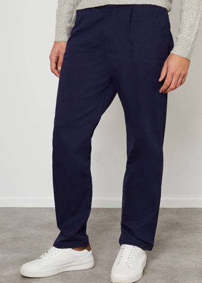 Threadbare Navy Cotton Straight Leg Pleated Chino Trousers With Stretch