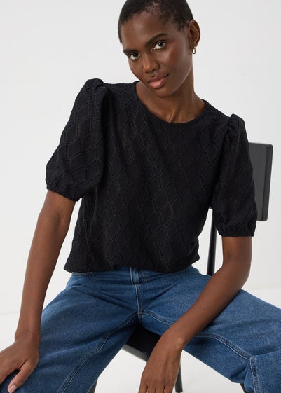 Black Textured Puff Sleeve Top