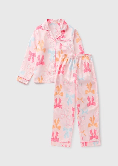 Girls Pink Bow Satin Button Up Pyjama Set (4-13yrs)