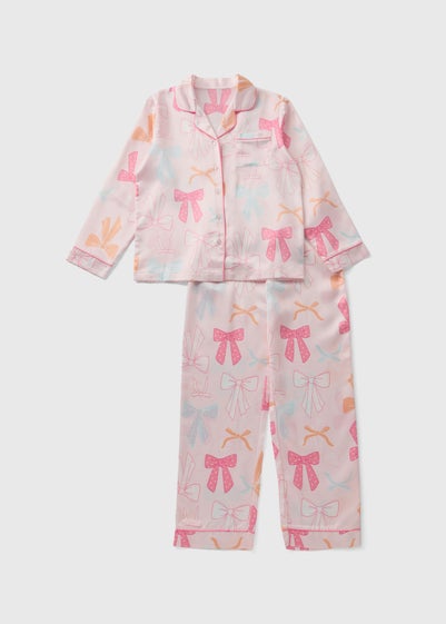 Girls Pink Bow Satin Button Up Pyjama Set (4-13yrs)