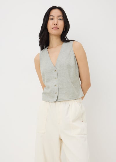 Sage Green Linen Blend Button Up Vest Top