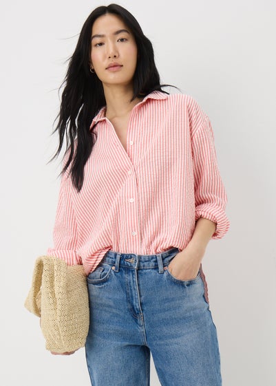 Coral Stripe Seersucker Cotton Shirt