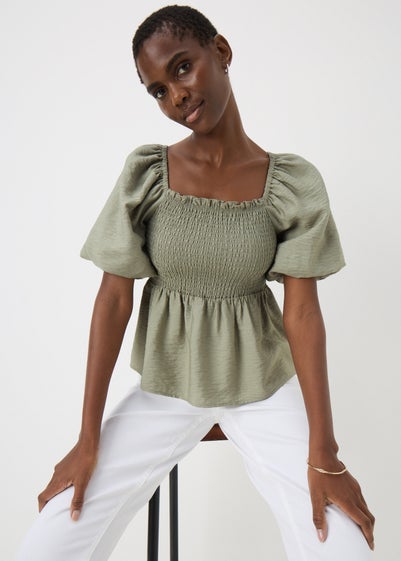 Green Shirred Tie Back Blouse