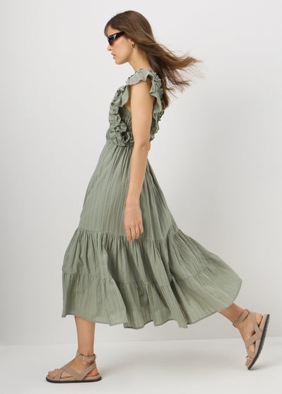 Sage Green Frill Shirred Midi Dress