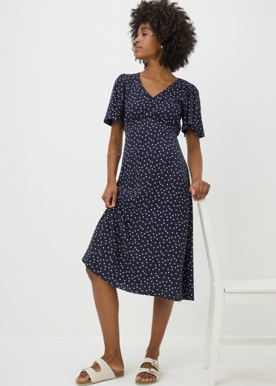 Navy Spot Print Midi Dress
