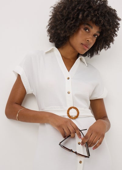 Cream Buckle Midi Shirt Dress