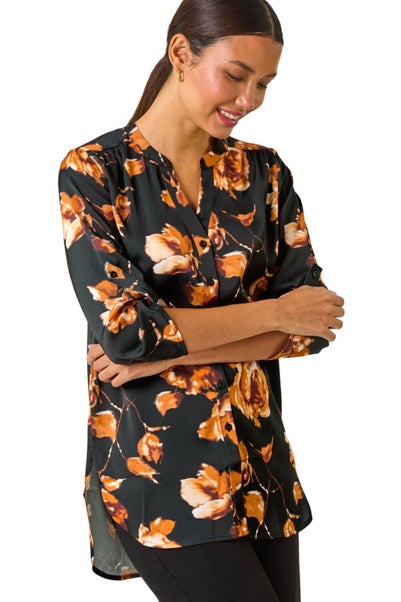 Roman Gold Floral Print Satin Button Blouse