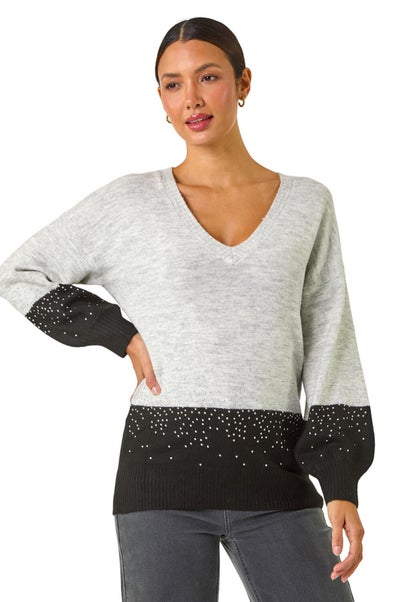 Roman Light Grey Colour Block V-Neck Boyfriend Jumper