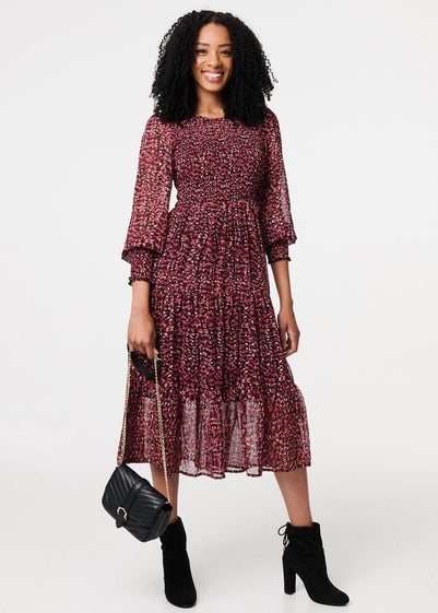 Izabel London Red Ditsy Floral Tier Puff Sleeve Midi Dress