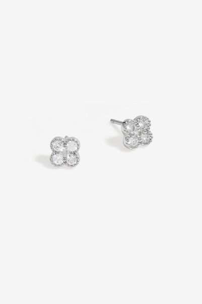 Simply Silver Sterling Silver 925 Polished & Cubic Zirconia Pave Clover Stud Earrings