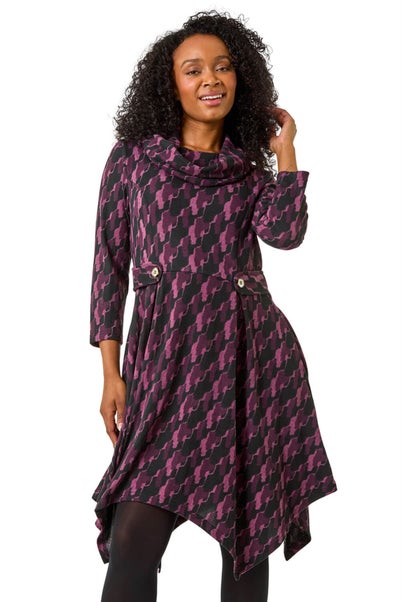 Roman Purple Petite Abstract Print Hanky Hem Stretch Dress