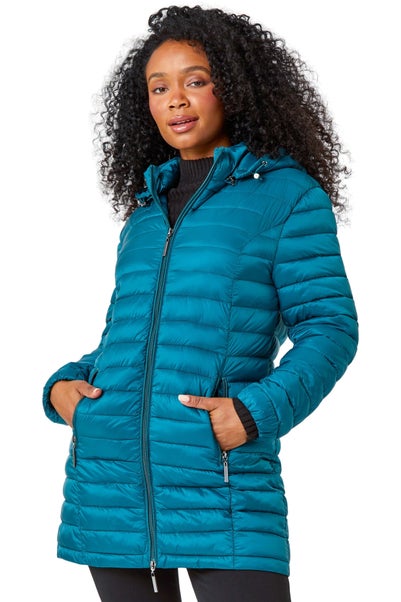 Roman Teal Petite Quilted Longline Puffer Coat