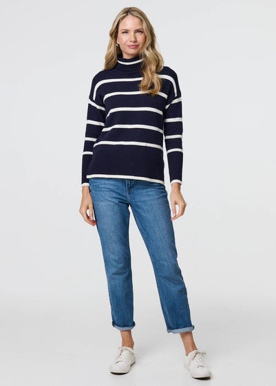 Izabel London Blue Striped Roll Neck Relaxed Jumper