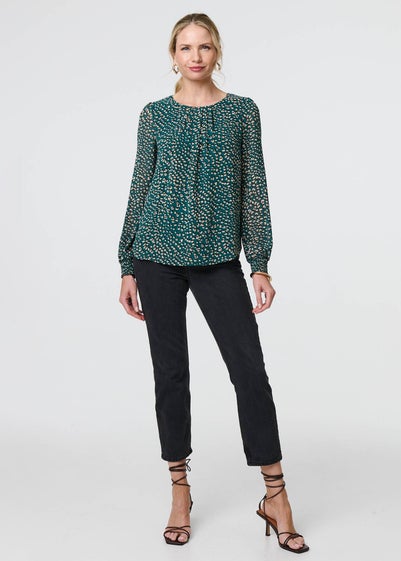 Izabel London Green Animal Print Semi Sheer Blouse