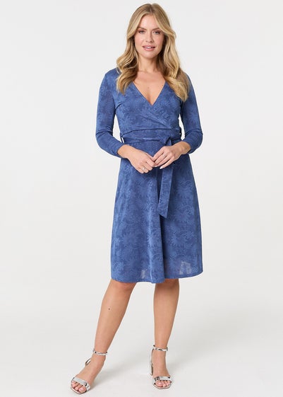 Izabel London Blue Floral Embossed Tie Waist Knee Length Dress