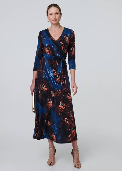 Izabel London Blue Peacock Print 3/4 Sleeve Wrap Maxi Dress