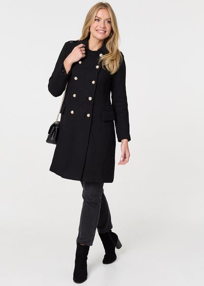 Izabel London Black Textured Knit Button Front Trench Coat