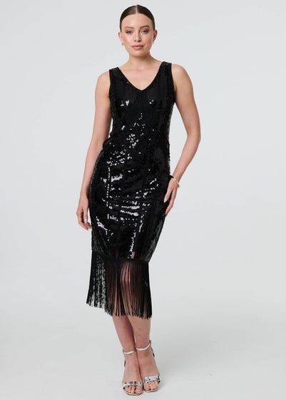 Izabel London Black Sequin Embellished Tassel Trim Midi Dress