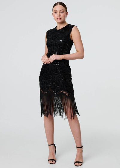 Izabel London Black Sequin Embellished Tassel Midi Dress