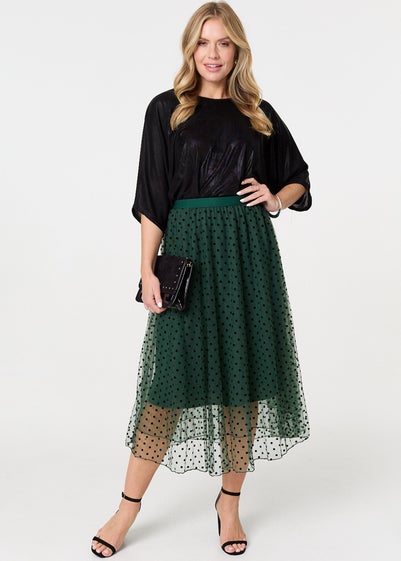 Izabel London Green Polka Dot Layered Mesh Midi Skirt