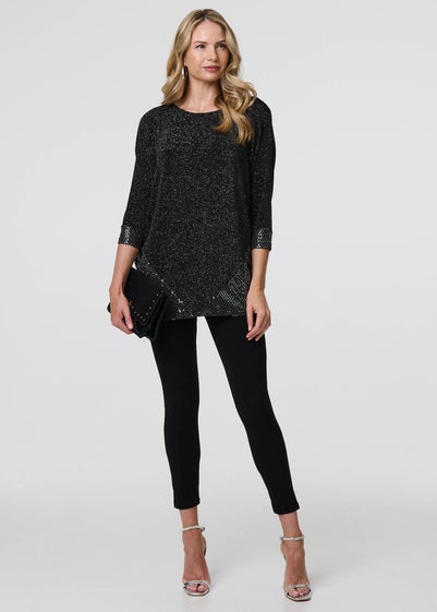 Izabel London Black Glittery Metallic Trim 3/4 Sleeve Tunic