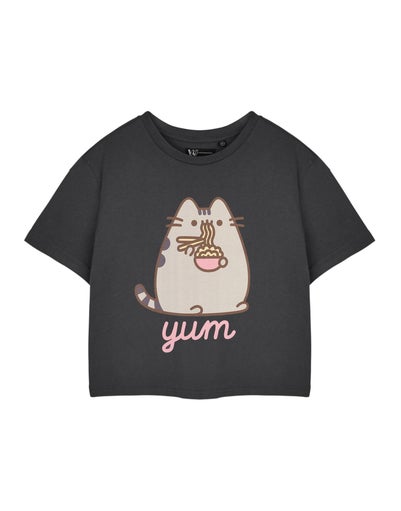 Pusheen Grey Yum Noodles Cropped Short Sleeved T-Shirt