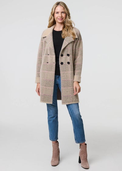 Izabel London Beige Checked Button Front Thigh Length Trench Coat