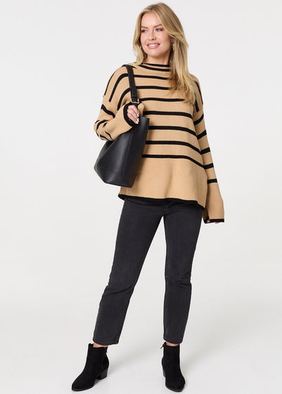 Izabel London Beige Striped Flare Sleeve Roll Neck Jumper