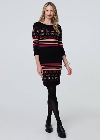 Izabel London Black Fair Isle Striped 3/4 Sleeve Short Dress