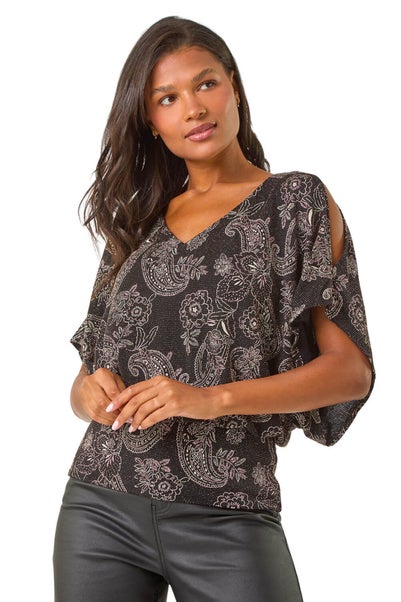 Roman Black Glitter Print Banded Hem Stretch Top