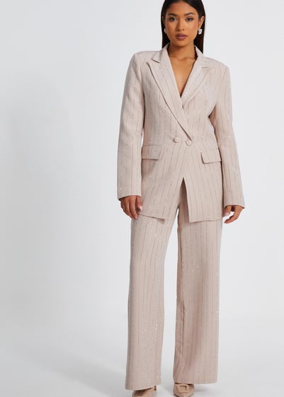 Quiz Beige Petite Diamante Pinstripe Trousers